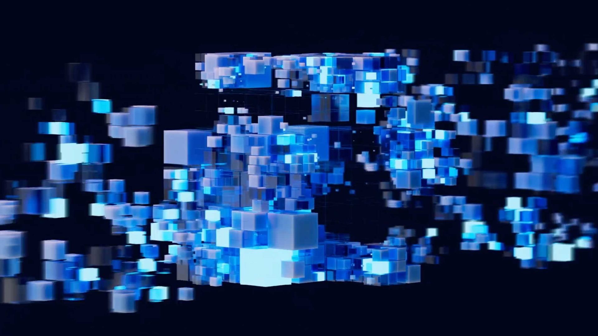 A digital art image, inspired by Wes Cockx, showing clusters of blue, white, and light blue cubes floating against a dark background, arranged in a dynamic, fragmented, abstract pattern reminiscent of JetStream energy. Frame from Stash Magazine article.