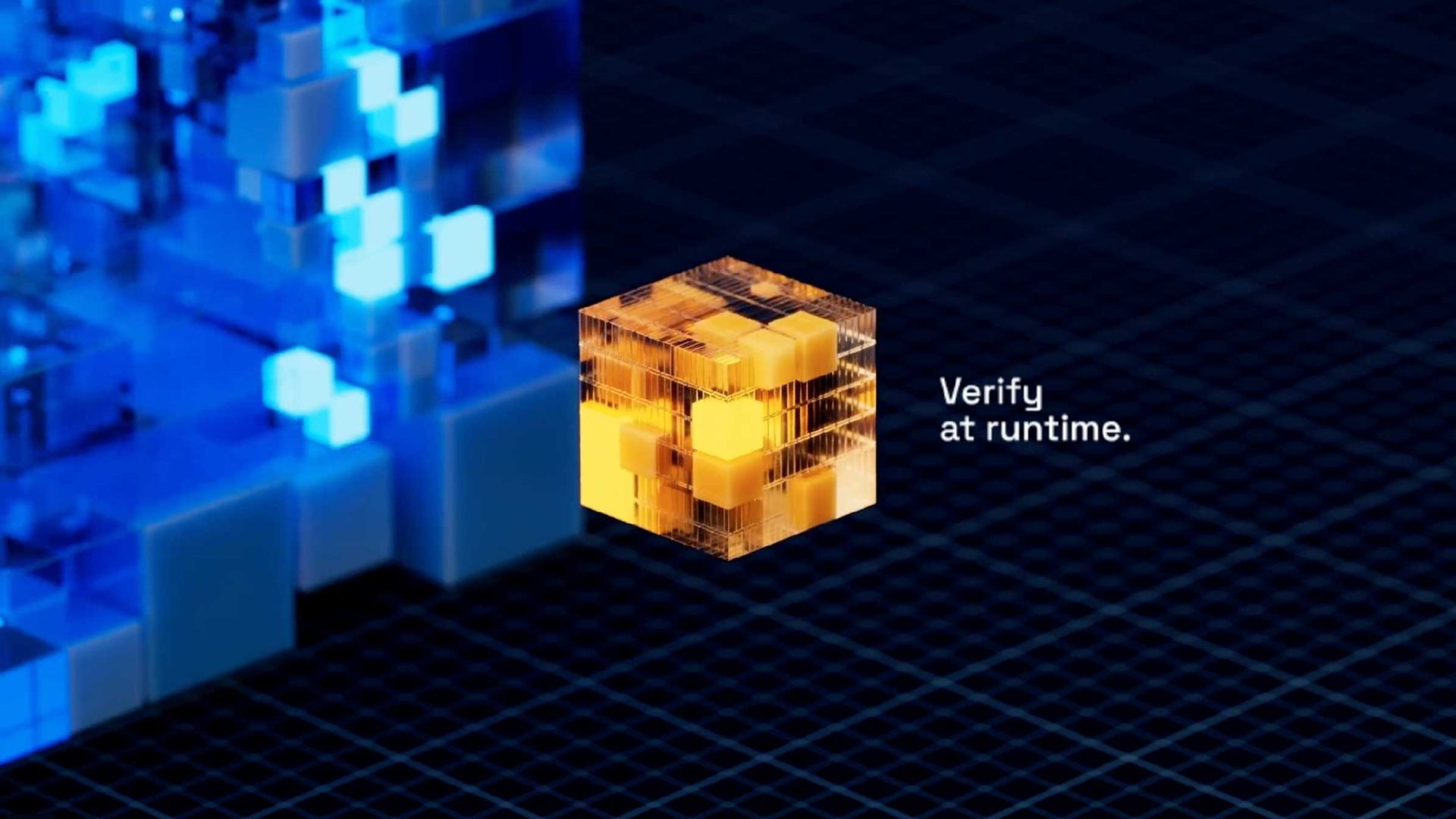 A glowing orange cube labeled Verify at runtime floats in front of a background with blue digital blocks and a dark grid pattern, evoking the dynamic, high-speed processing seen in JetStream technology. Frame from Stash Magazine article.