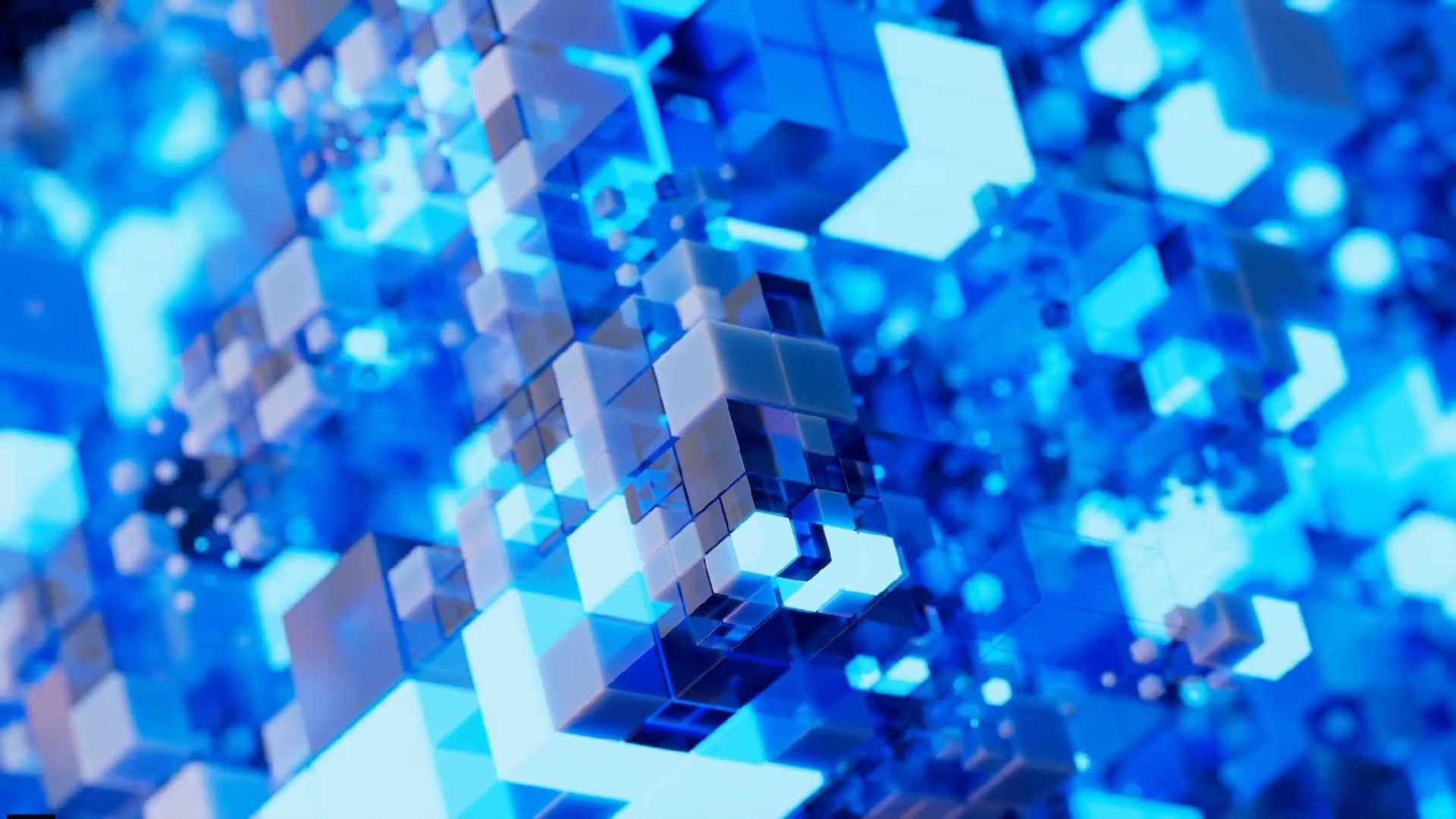 Abstract image of blue and white 3D cubes and geometric shapes clustered together, creating a digital, futuristic, and technological effect with glowing light and depth—reminiscent of Wes Cockx’s signature style. The composition evokes the sleek motion of JetStream technology through dynamic geometry and vibrant illumination. Frame from Stash Magazine article.
