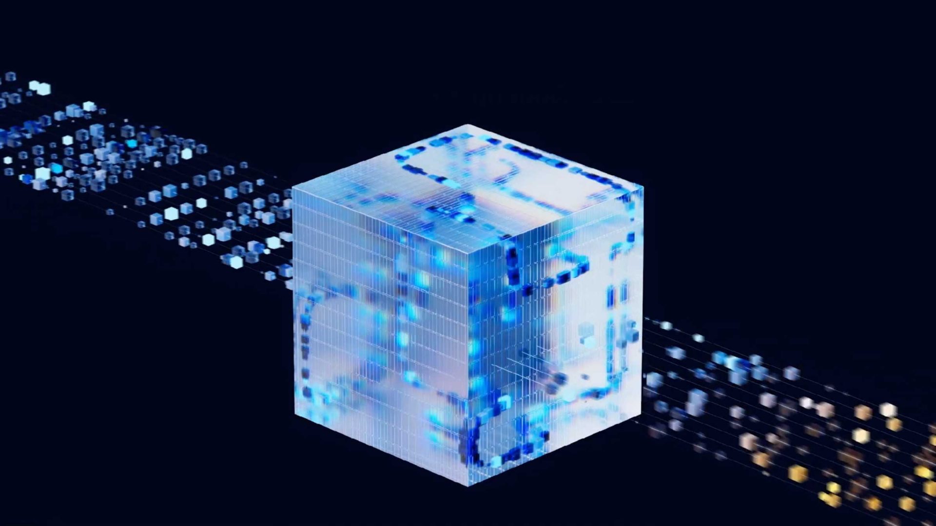 A glowing blue digital cube with pixel-like patterns sits at the center, with streams of small blue and yellow squares flowing in and out on a dark background, suggesting data transfer or blockchain technology—reminiscent of Wes Cockx’s distinctive style and evoking the dynamic flow of JetStream. Frame from Stash Magazine article.