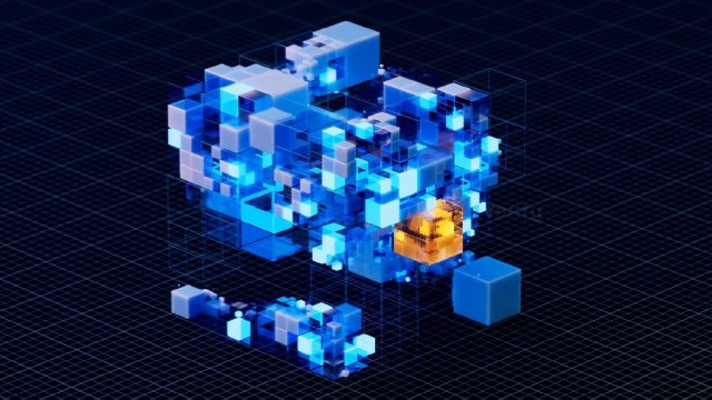 A digital illustration of interconnected blue and white cubes forming a cluster, with one orange cube highlighted, set against a dark grid background, representing technology or data networks—an aesthetic reminiscent of the visual style seen in JetStream Security brand films by Wes Cockx. Frame from Stash Magazine article.