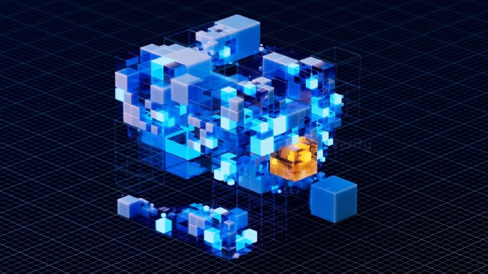 A digital illustration of interconnected blue and white cubes forming a cluster, with one orange cube highlighted, set against a dark grid background, representing technology or data networks—an aesthetic reminiscent of the visual style seen in JetStream Security brand films by Wes Cockx. Frame from Stash Magazine article.