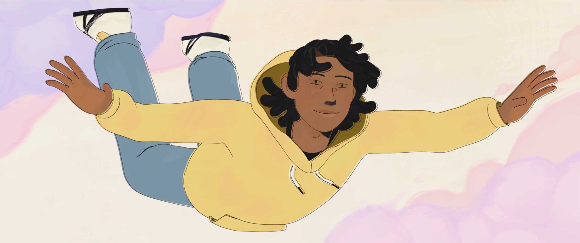 An illustrated person with curly dark hair, wearing a yellow hoodie and blue jeans, floats with arms and legs outstretched against a soft, pastel background—an image inspired by the Grad Film "Jour de Vent" from École des Nouvelles Images. Frame from Stash Magazine article.