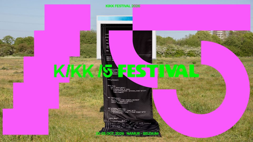 A bright poster with large pink “#15” text overlays a photo of a grassy field and a digital art installation. Green text reads: “KIKK Festival 2024· 24-25 OCT. 2025 - NAMUR - BELGIUM.”. Frame from Stash Magazine article.
