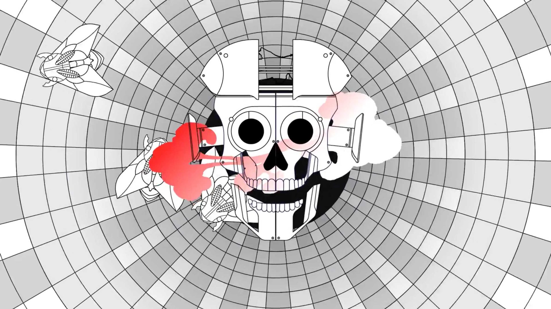 A stylized skull with mechanical features and wide eyes is centered on a grid background, evoking the Overload short film by Kairm Dabbèche, with red and white clouds and abstract shapes surrounding it. Frame from Stash Magazine article.