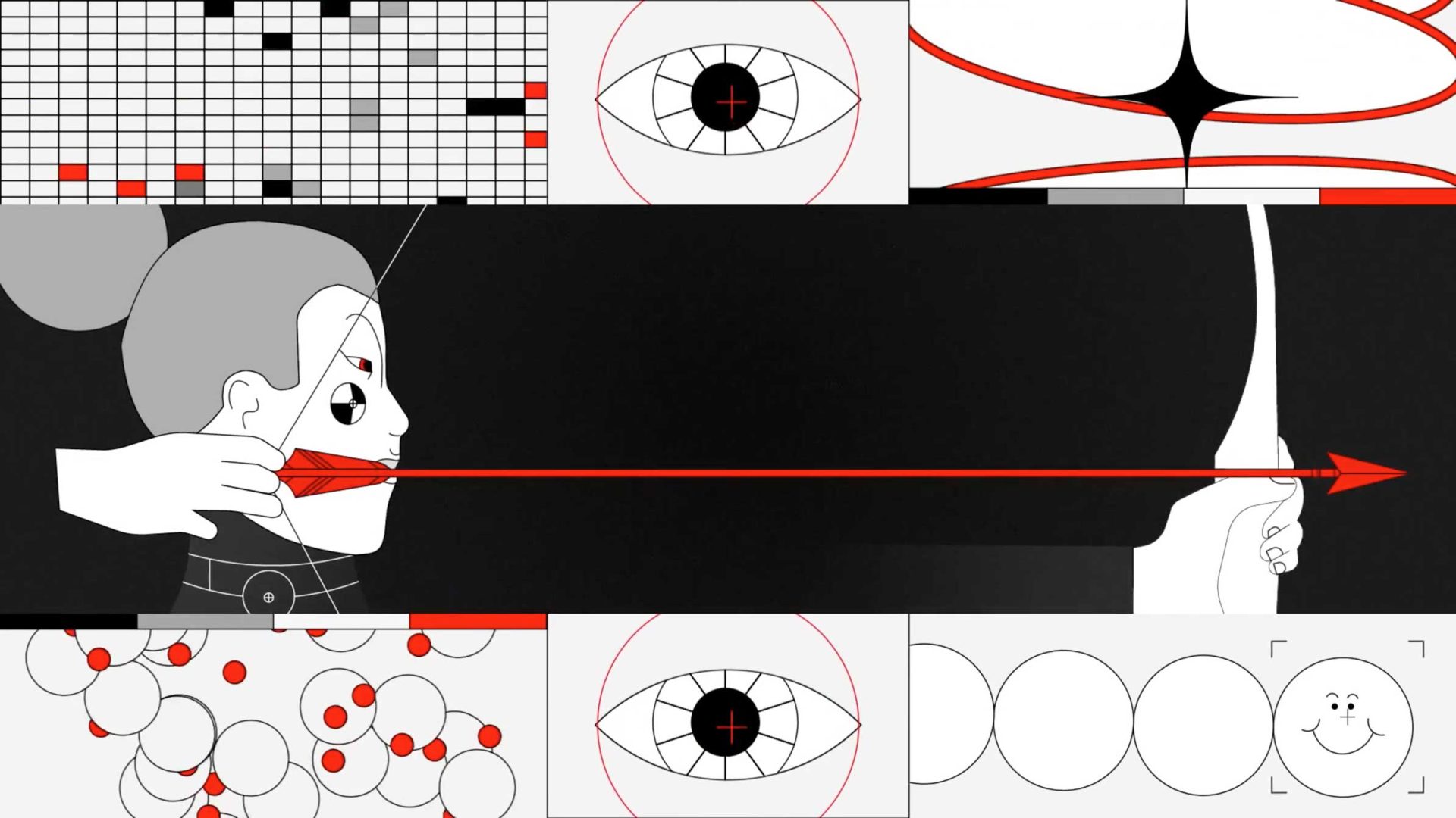 Stylized illustration of a person aiming a bow and arrow, surrounded by abstract graphics—eyes, circles, grids, and molecular-like patterns—in black, white, and red for the short film “Overload” by Kairm Dabbèche. Frame from Stash Magazine article.