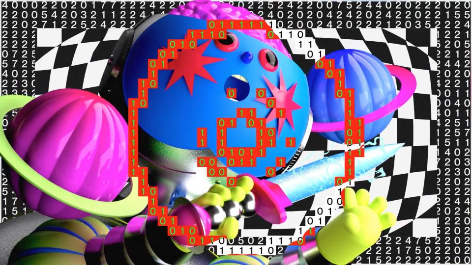 A colorful, cartoonish robot with a blue face and red star eyes stands before a black-and-white checkered background, as floating numbers and binary code form an @ symbol—evoking the Kairm Dabbèche Overload Short Film. Frame from Stash Magazine article.