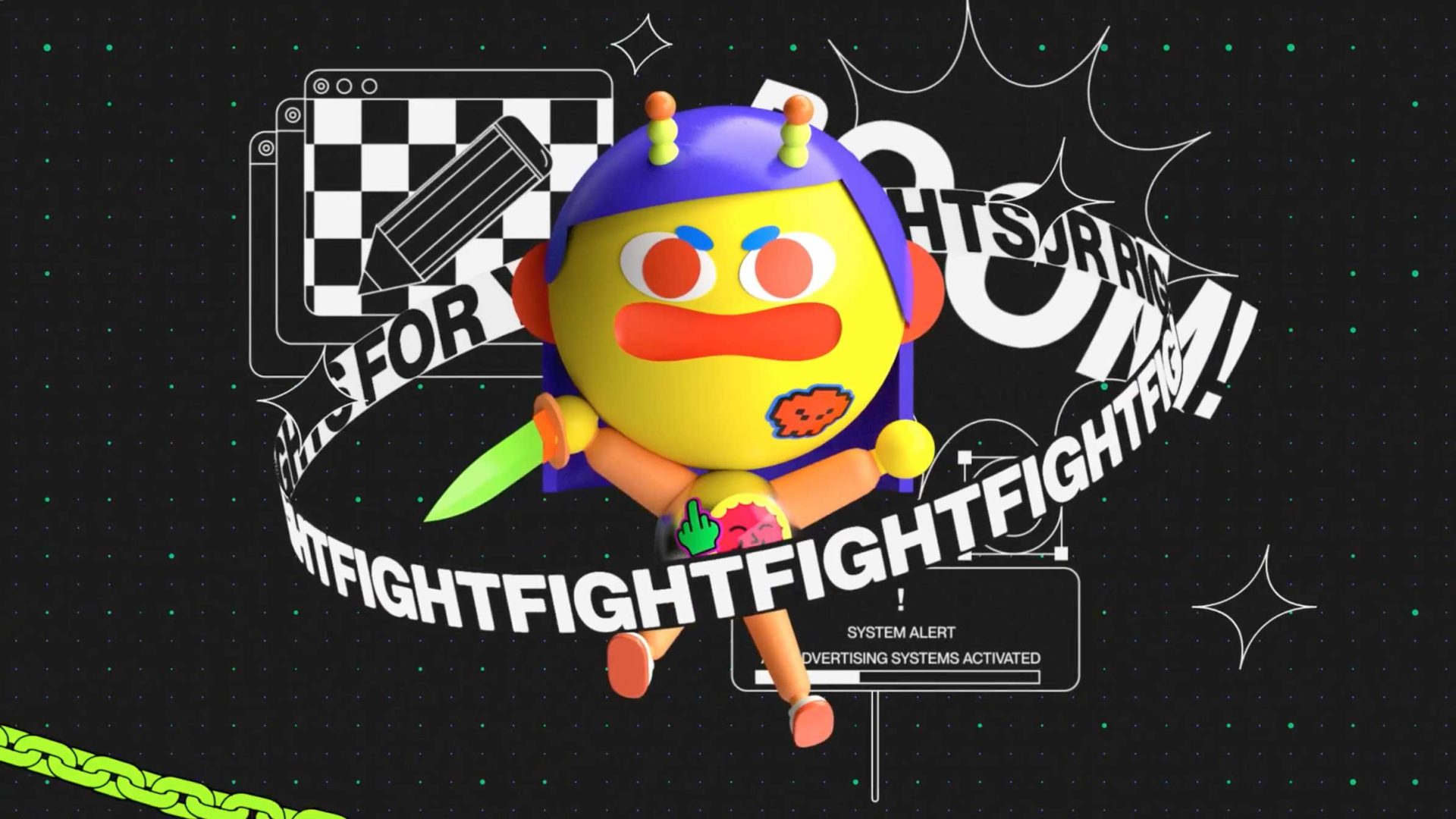 A colorful cartoon character with a sword leaps forward amid swirling FIGHT FOR FIGHT text, comic bursts, and computer alert graphics—capturing the Overload energy of a dynamic Short Film. Frame from Stash Magazine article.