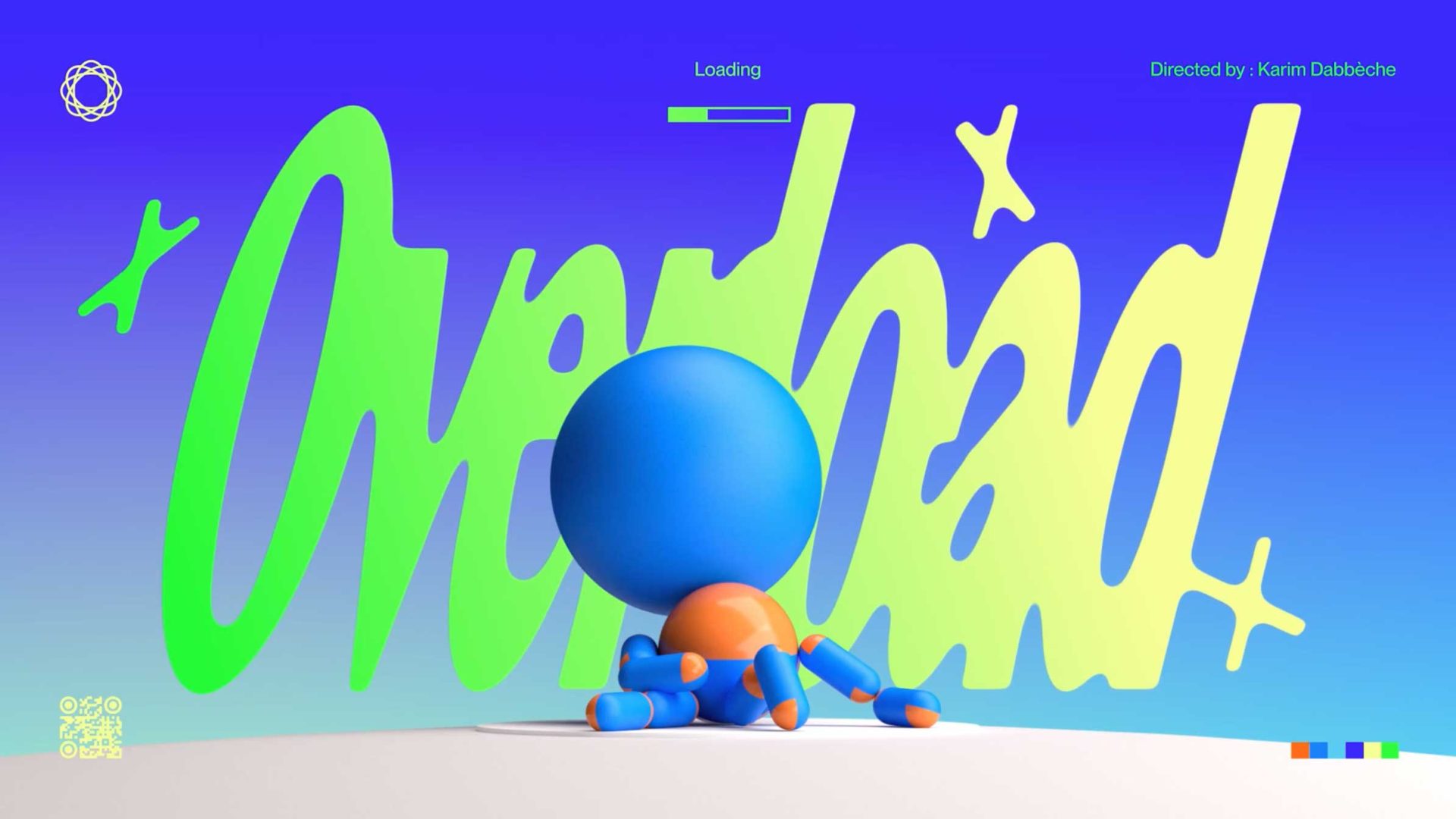 A blue and orange 3D character sits facing large green text reading Overload, referencing the Kairm Dabbèche Overload Short Film, with colorful symbols on a blue-purple gradient background. Frame from Stash Magazine article.