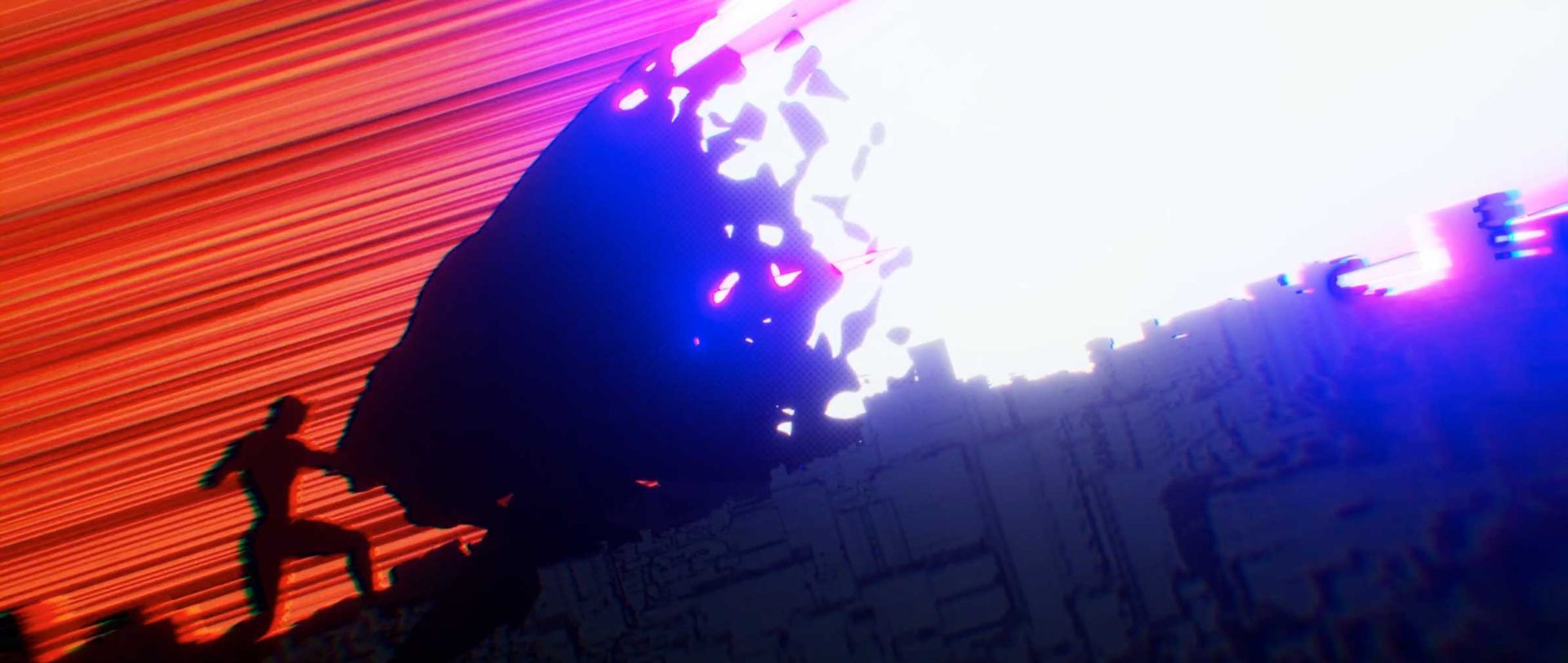 Silhouette of a person runs up a slope toward a massive, bright, pixelated explosion in the Ultramega Kaiju Klash short film, surrounded by dark, digital-looking terrain and streaks of orange, purple, and white light. Frame from Stash Magazine article.