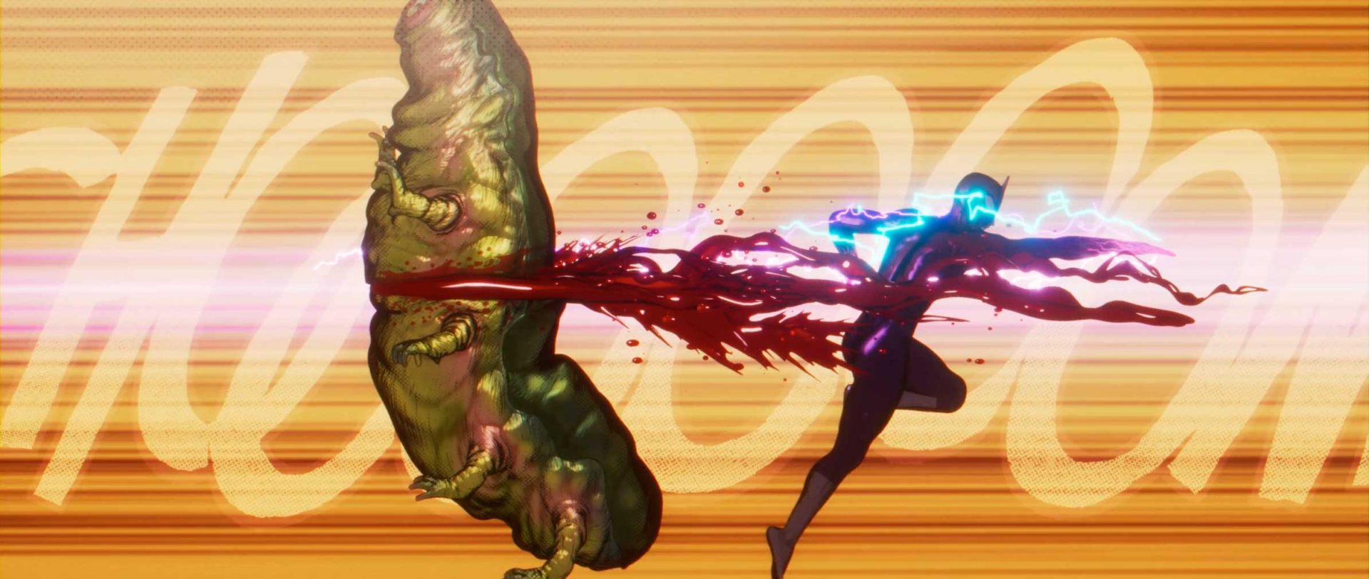 A glowing blue-armored character slashes a large, green monster in Ultramega Kaiju Klash, causing blood to spray against a dynamic orange background with motion lines and stylized text—an epic scene from Kris Brady’s short film. Frame from Stash Magazine article.