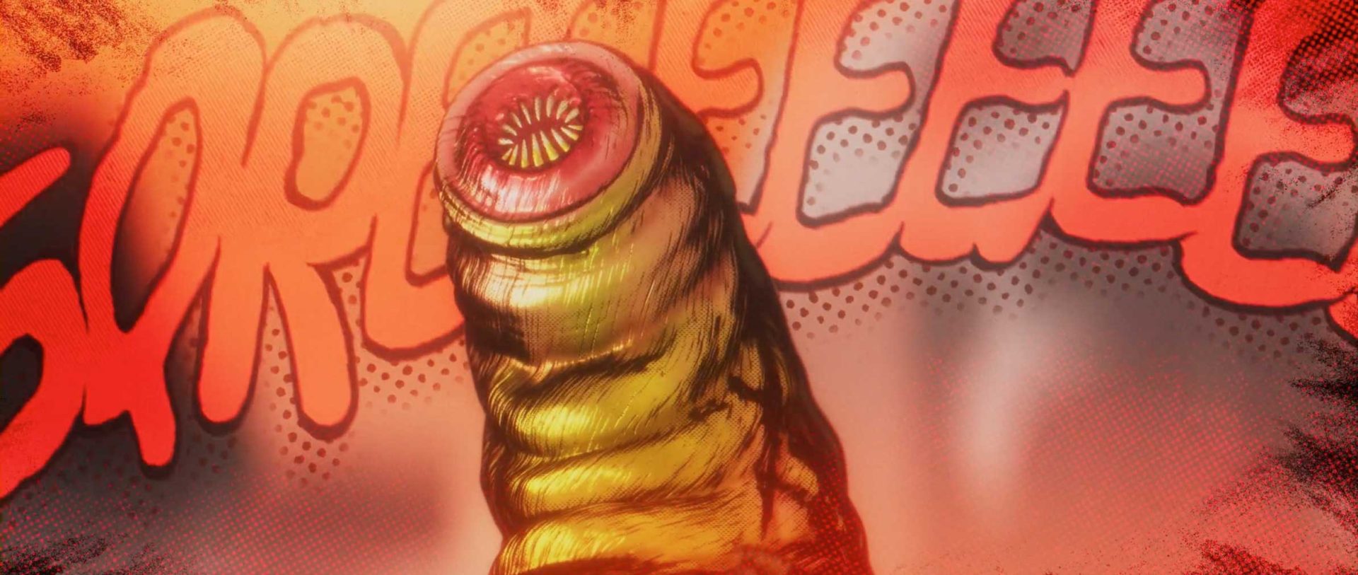 A close-up of a grotesque, yellow-green finger with a red, circular eye at the tip. In the background, SCREEEEE is written in bold red letters—a scene from Kris Brady’s short film Ultramega Kaiju Klash. Frame from Stash Magazine article.