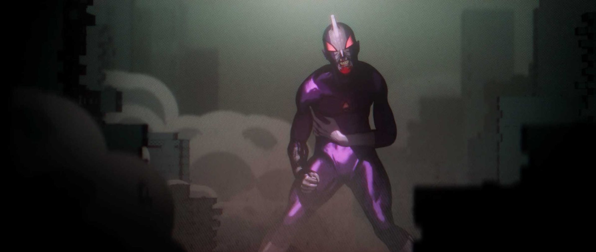 A humanoid figure in a purple and black suit with glowing red eyes and a red mouth stands in a dramatic pose amid a dark, smoky cityscape, evoking the intense atmosphere of Kris Brady's short film, Ultramega Kaiju Klash. Frame from Stash Magazine article.