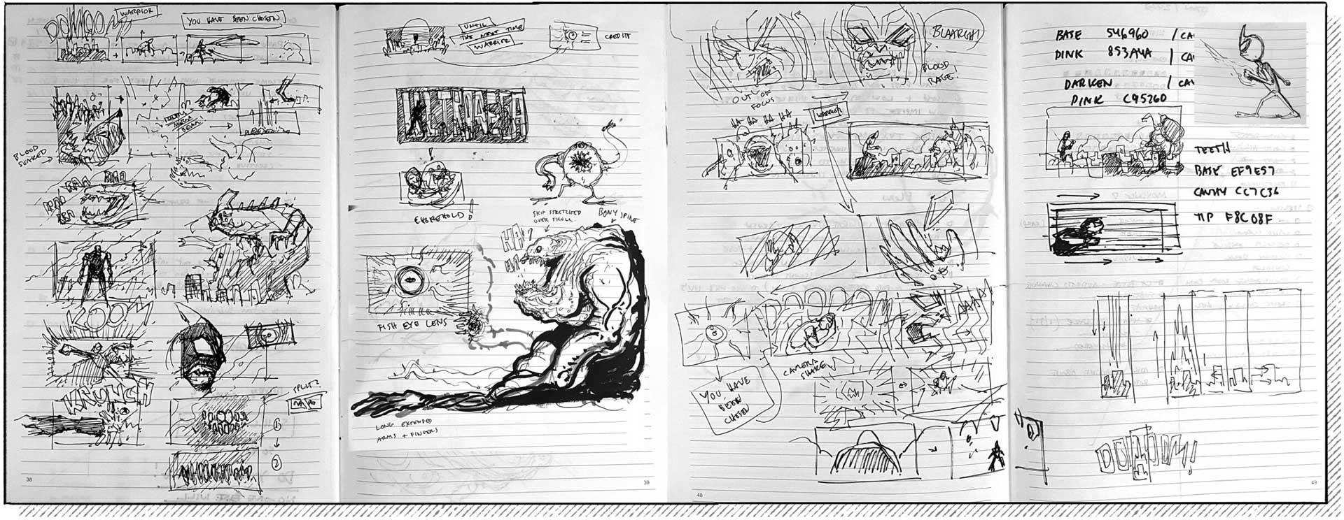 Four pages of a notebook filled with rough sketches, storyboards, and handwritten notes for Kris Brady’s short film Ultramega Kaiju Klash. Drawings include monsters, eyes, and dynamic scenes, with scattered arrows and text throughout the pages. Frame from Stash Magazine article.