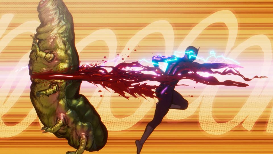 A humanoid figure in a glowing suit slices through a monstrous creature, sending a spray of blood across a dynamic, orange-striped background—an epic moment from Kris Brady’s Ultramega Kaiju Klash! Short Film. Frame from Stash Magazine article.