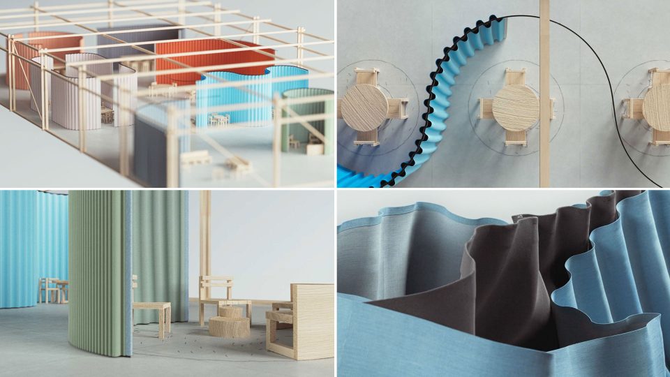 Collage of four images showing a modern interior design concept with light wood furniture and colorful Kvadrat Waves System partition walls in blue, green, and brown tones, viewed from different angles and perspectives. Frame from Stash Magazine article.