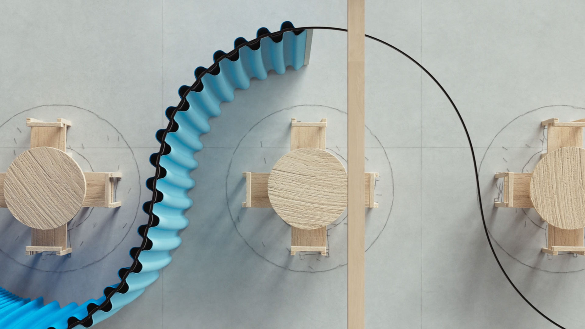 Top-down view of three round wooden tables with four chairs each, separated by a wavy blue Waves partition and a straight wooden Frame divider on a light tiled floor. Frame from Stash Magazine article.