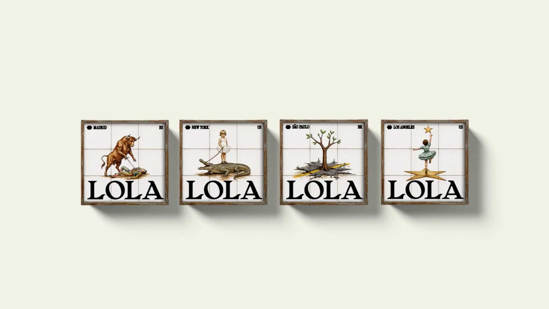 Four illustrated tiles spell LOLA, evoking a whimsical and minimalistic style reminiscent of David Carson’s playful visual approach. Each tile presents a distinct scene: a lion, a woman with an alligator, a tree with birds, and a girl standing on a star—capturing the imaginative spirit behind the LOLA Global brand refresh. Frame from Stash Magazine article.