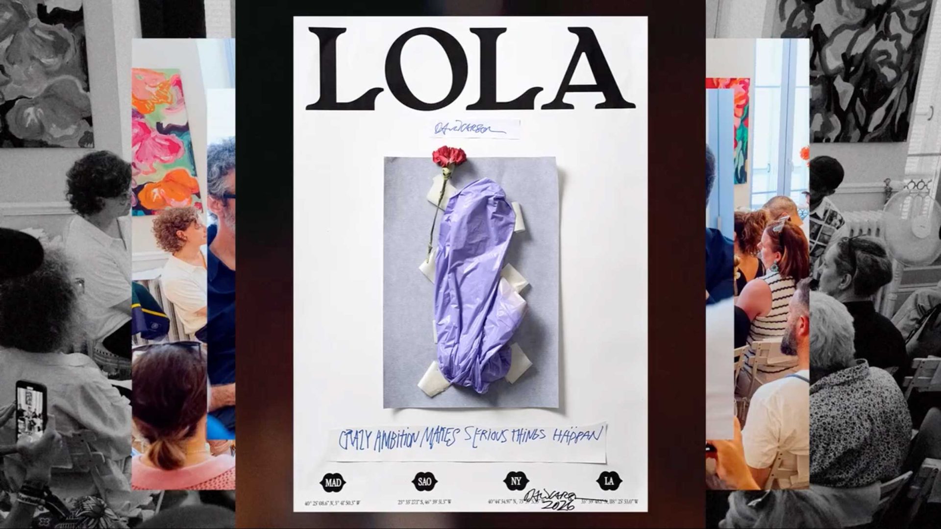 Poster for LOLA Global features a crumpled lavender shirt with a red rose placed on top, set against a white background. Reminiscent of David Carson’s expressive style, handwritten text at bottom reads, Only ambition makes serious things happen. Frame from Stash Magazine article.