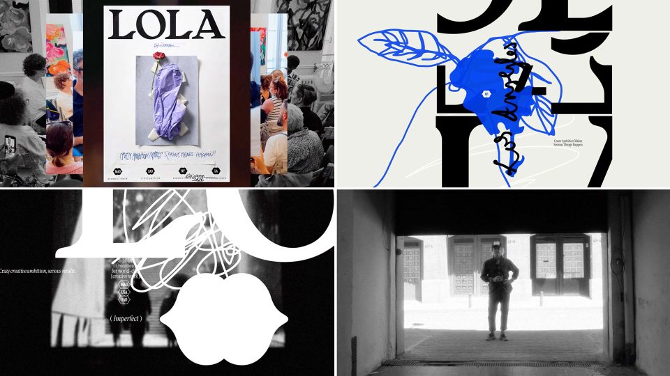 A collage of four contemporary art images, including abstract drawings reminiscent of David Carson’s dynamic style, a crowd viewing a poster for LOLA as part of a brand refresh, and a black-and-white photo of a person standing in a doorway. Frame from Stash Magazine article.