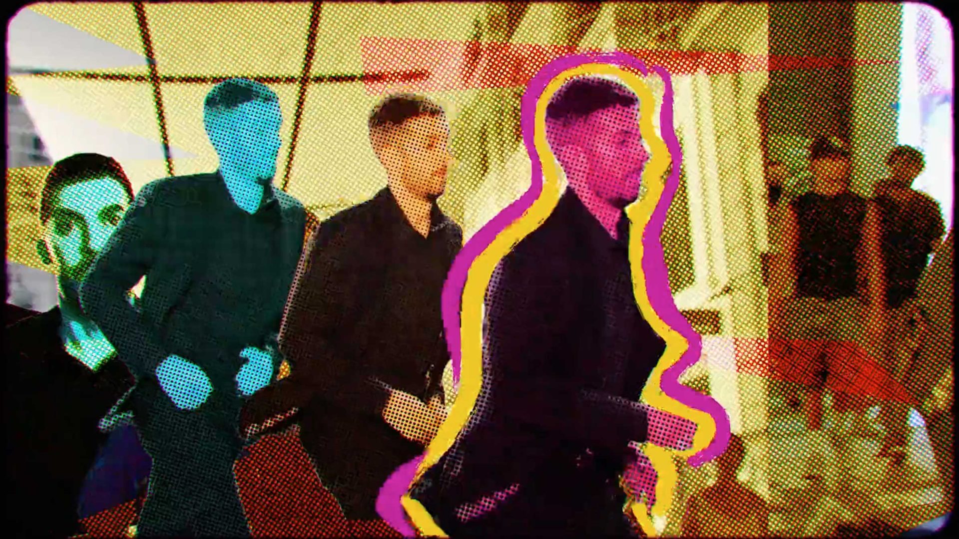 A colorful, pop-art style image inspired by La Revuelta shows multiple versions of a man in motion, outlined in vibrant colors, with a halftone pattern and abstract background elements that evoke both Character & Chaos. Frame from Stash Magazine article.