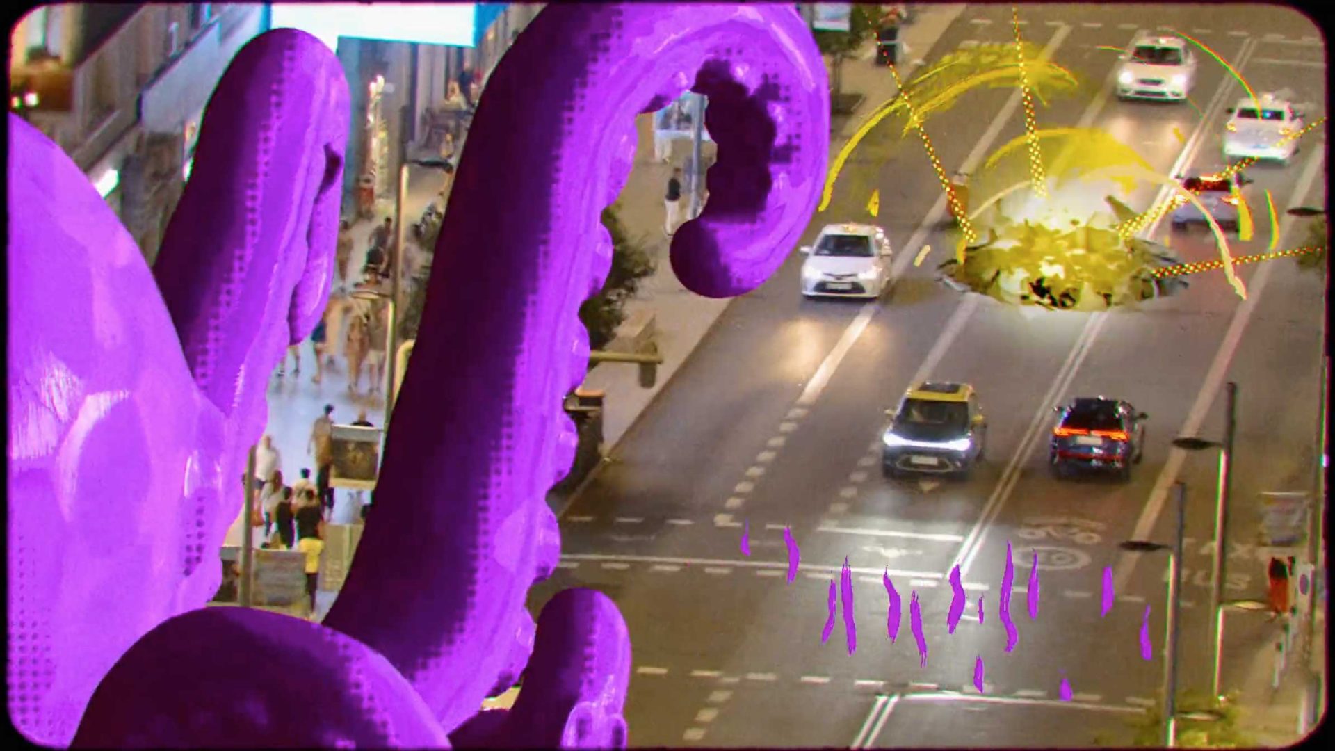 A giant purple octopus tentacle appears in the foreground of a city street at night, as cars avoid a cracked crater with yellow caution tape in the road—an uncanny scene straight from Character & Chaos. Frame from Stash Magazine article.