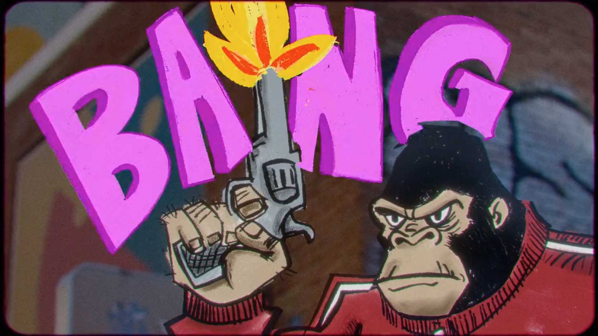 An illustrated gorilla in a red jacket points a smoking revolver upwards—a scene inspired by the La Revuelta TV show opening titles by Monografo. Bright pink letters behind spell BANG, with a yellow-orange burst above the gun, emphasizing the shot. Frame from Stash Magazine article.