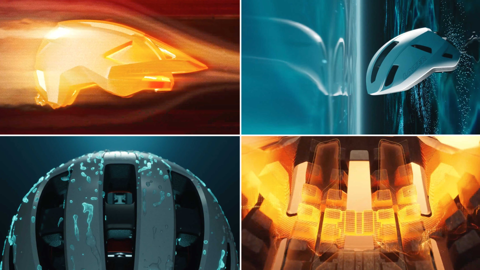 A collage of four close-up images of a Lazer Cycling Helmets product film by Frame48, showing the helmet in dynamic lighting and flowing air or water, emphasizing aerodynamic design and structural details in orange and blue tones. Frame from Stash Magazine article.