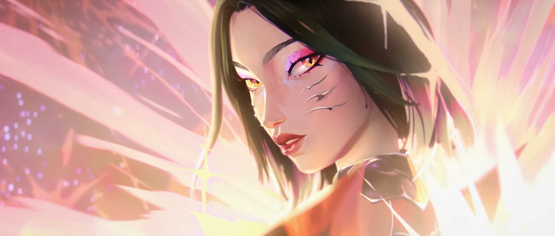 A digital K/DA illustration of a woman with sharp features and cat-like yellow eyes, surrounded by glowing pink Firestarter light. Frame from Stash Magazine article.