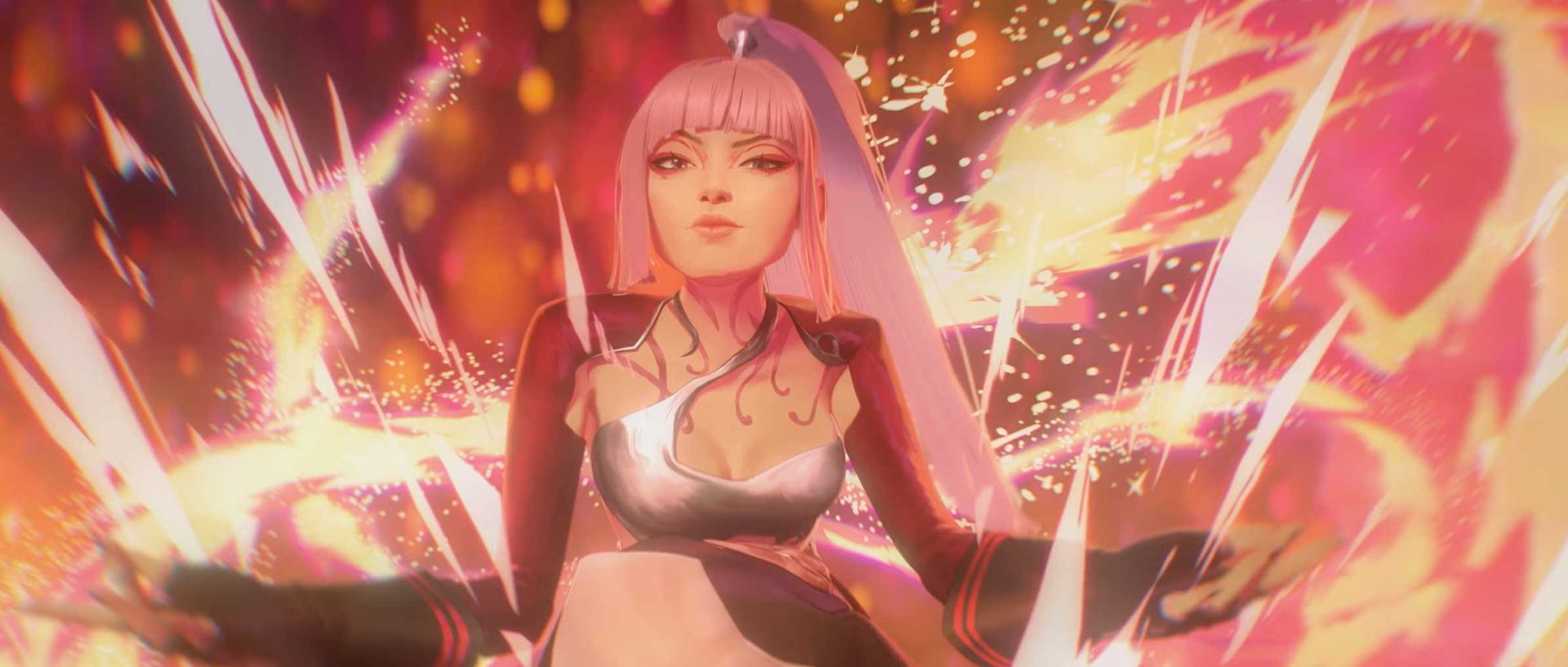 A K/DA woman with long pink hair and a white top, surrounded by Firestarter bursts of orange and white magical energy. Frame from Stash Magazine article.