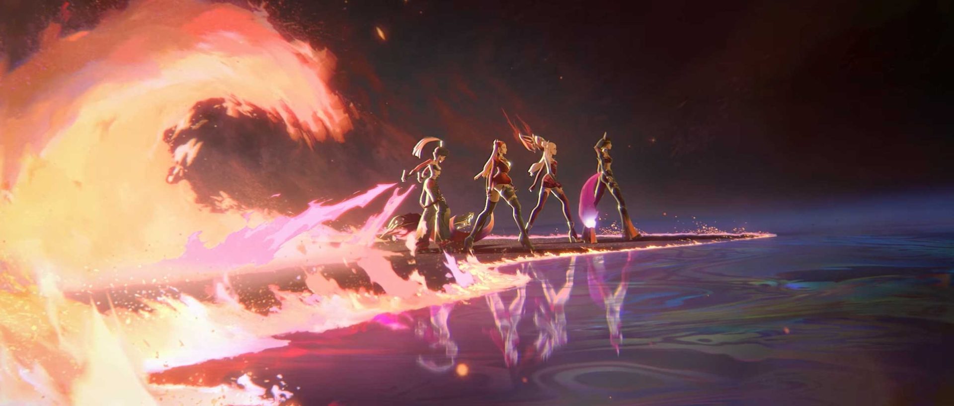Four stylized K/DA figures walk in a line across a glowing surface above dark water, accompanied by a large, firestarter-like swirling wave of flames. Frame from Stash Magazine article.