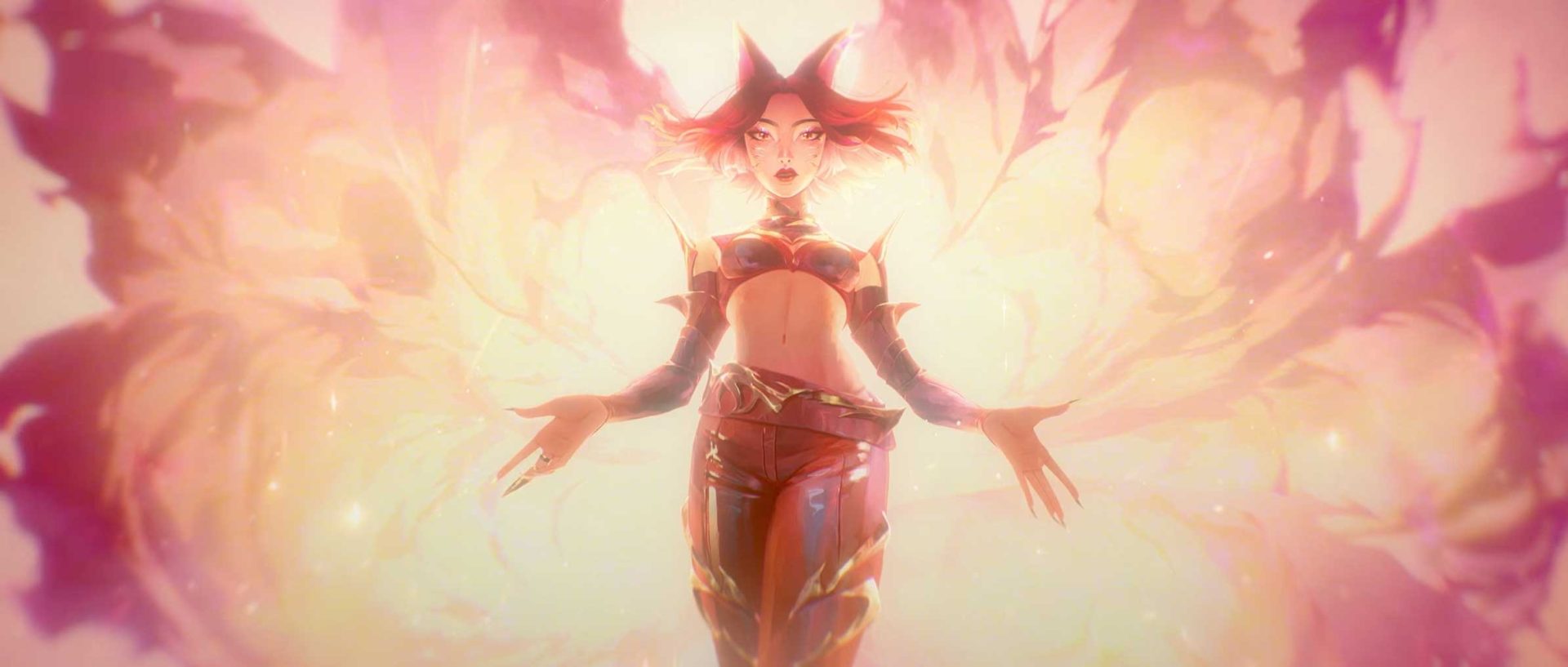 An animated character with fox-like ears and glowing, wing-like energy stands with arms outstretched amidst a warm, radiant light, reminiscent of a K/DA music video. Frame from Stash Magazine article.
