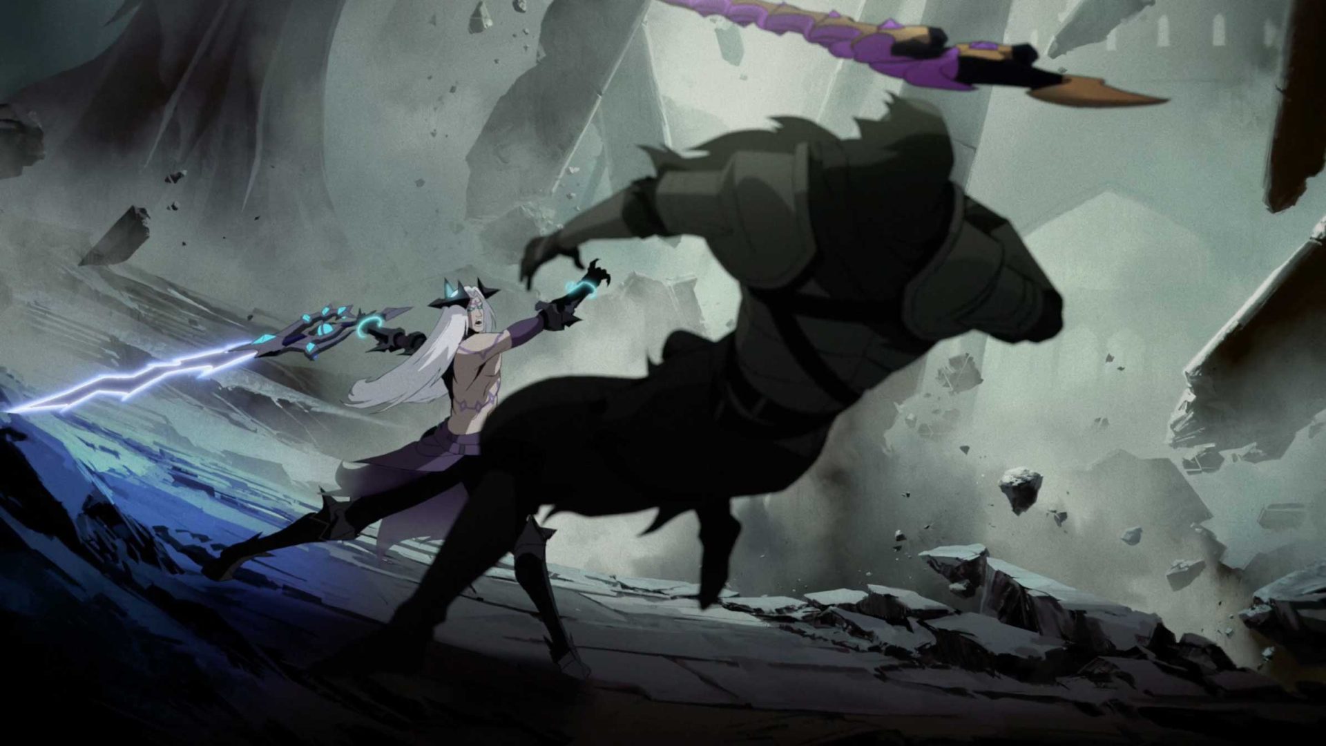 A white-haired warrior in armor wields a glowing sword, facing off against a shadowy armored figure with a large weapon in a ruined, rocky landscape—an epic clash reminiscent of the haunting battles seen in Riot Games' Revenant Reign. Frame from Stash Magazine article.