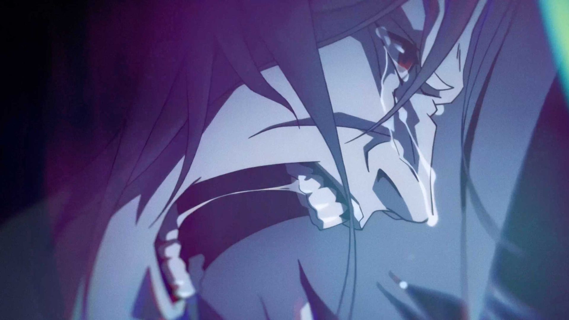 Close-up of an animated character with long hair, yelling intensely with tears streaming down their face, showing strong emotion and distress in a dramatic scene—evoking the powerful storytelling seen in Riot Games' Revenant Reign with characters like Viego. Frame from Stash Magazine article.