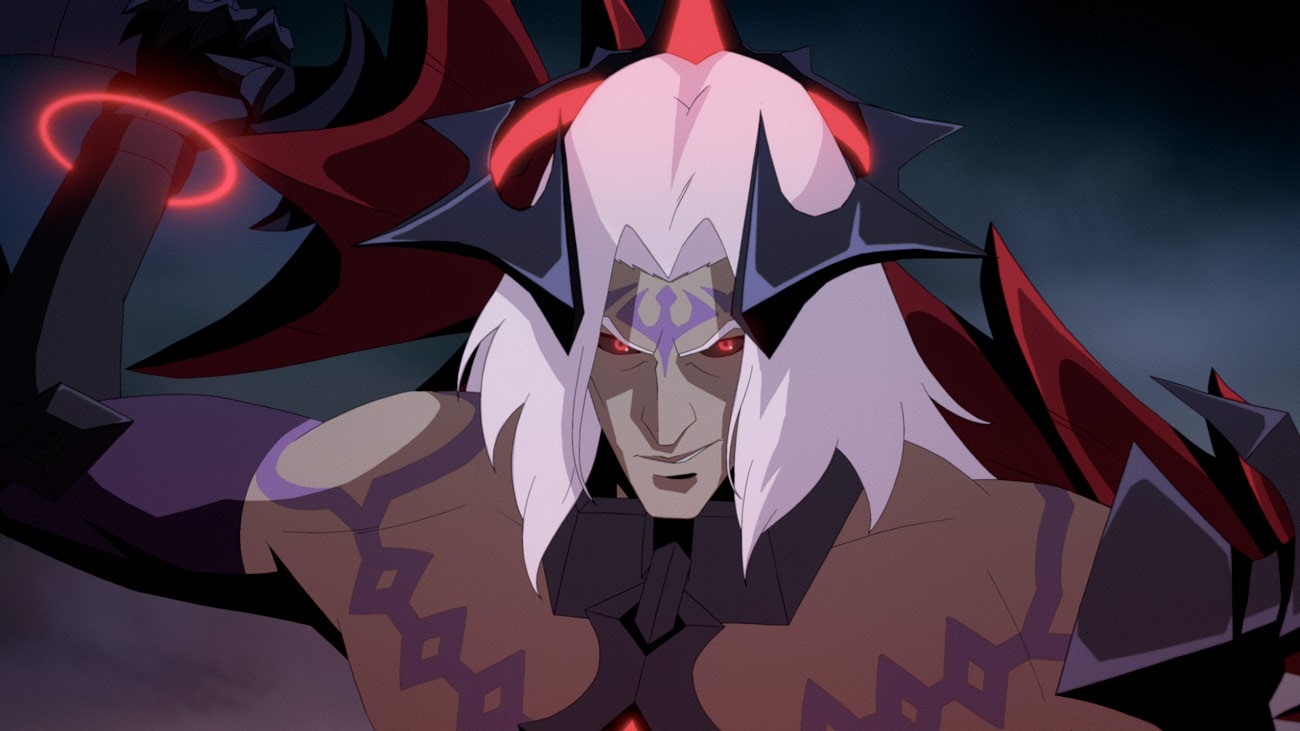 A menacing animated character inspired by Viego from Riot Games, with pale skin, white hair, red glowing eyes, dark armor, and glowing red accents raises a weapon, looking intense in a dark, ominous setting—a true embodiment of Revenant Reign. Frame from Stash Magazine article.
