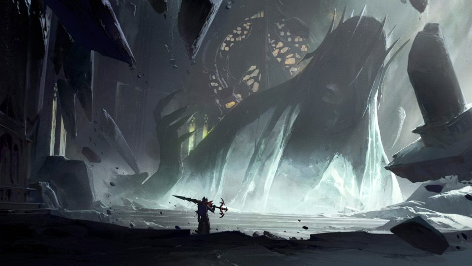 A lone warrior with a large sword faces a towering, shadowy figure with glowing eyes and a spiked crown inside a crumbling, dark fortress filled with mist and eerie light—an atmosphere reminiscent of the haunting visuals from the League of Legends Viego Revenant Reign Trailer by Richard Payne & Brunch Studio. Frame from Stash Magazine article.