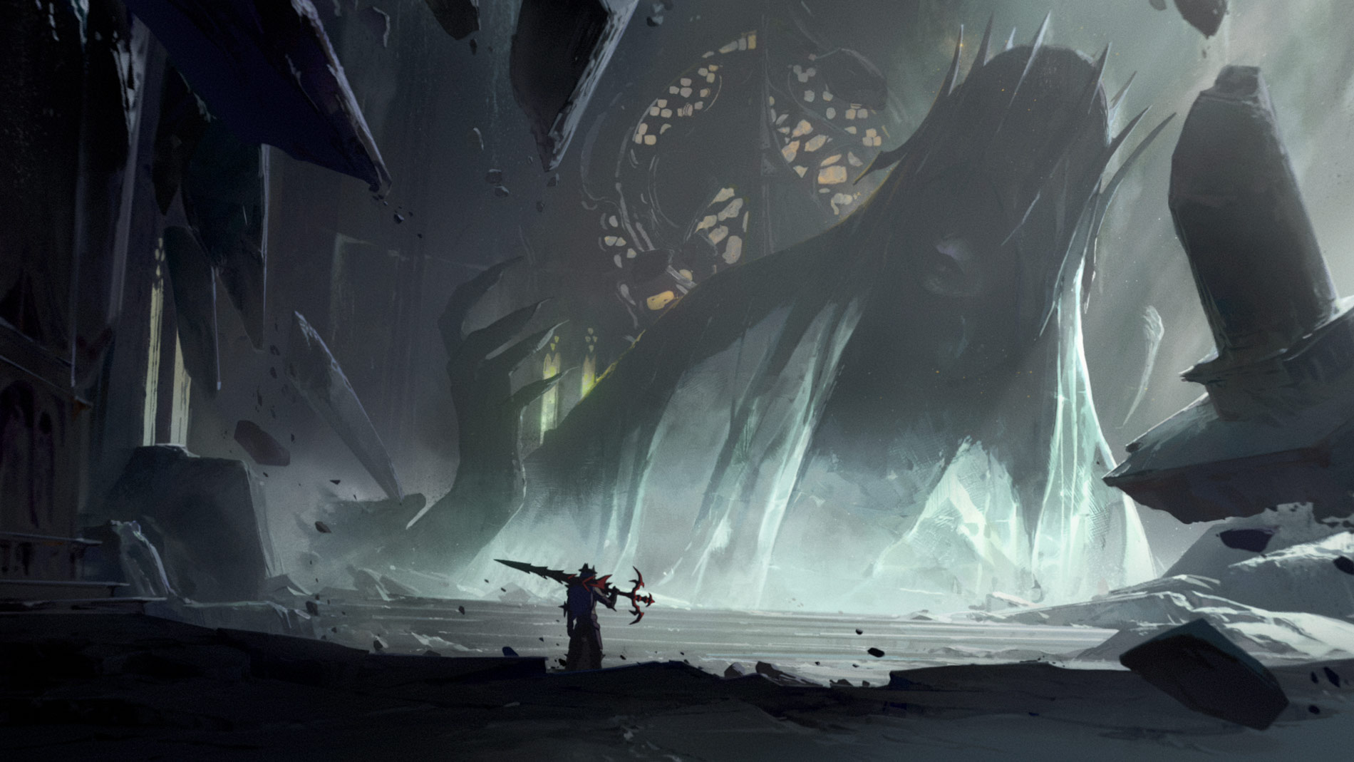 A lone warrior wielding a sword faces a massive, shadowy, and crowned spectral figure—evocative of Viego from Riot Games’ Revenant Reign—inside a dark, crumbling cathedral with stained glass and shattered stone. Light beams highlight the eerie, mist-filled atmosphere. Frame from Stash Magazine article.