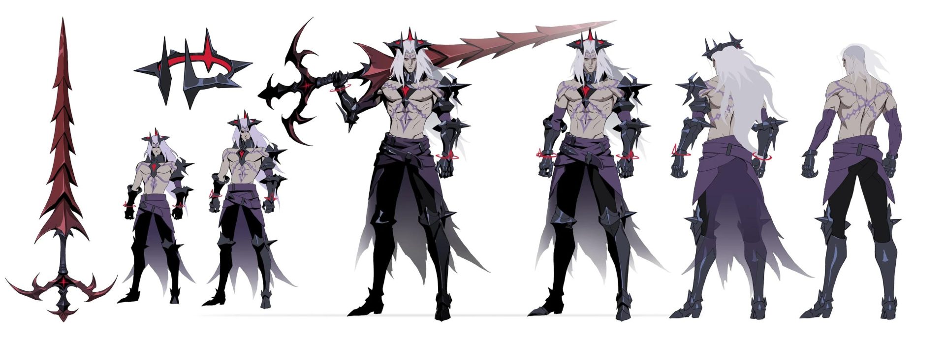 A fantasy character reminiscent of Viego from Riot Games’ Revenant Reign is depicted with long white hair, pale skin, black and red armor, and a large spiked sword. The character is shown from multiple angles, including close-ups of the sword and intricately detailed chest plate. Frame from Stash Magazine article.