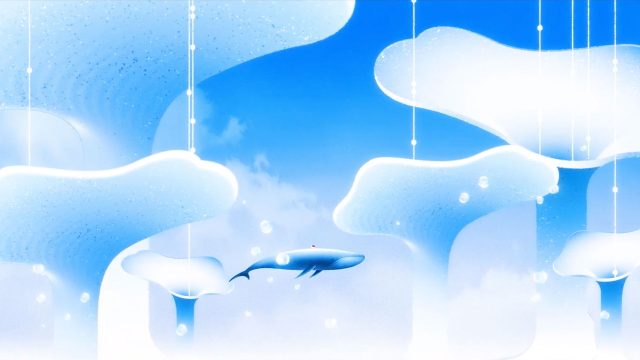 A blue whale swims through a surreal sky in Chen Wu’s short film "Leave The Island," surrounded by cloud-like shapes and glowing suspended droplets, all in soft blue and white tones. Frame from Stash Magazine article.