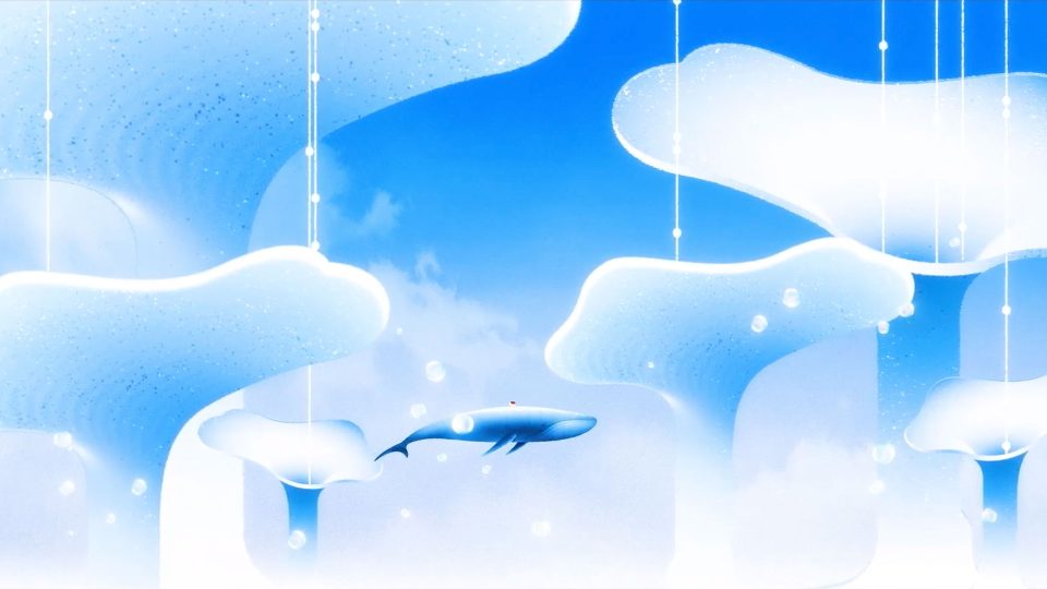 A blue whale swims through a surreal sky in Chen Wu’s short film "Leave The Island," surrounded by cloud-like shapes and glowing suspended droplets, all in soft blue and white tones. Frame from Stash Magazine article.