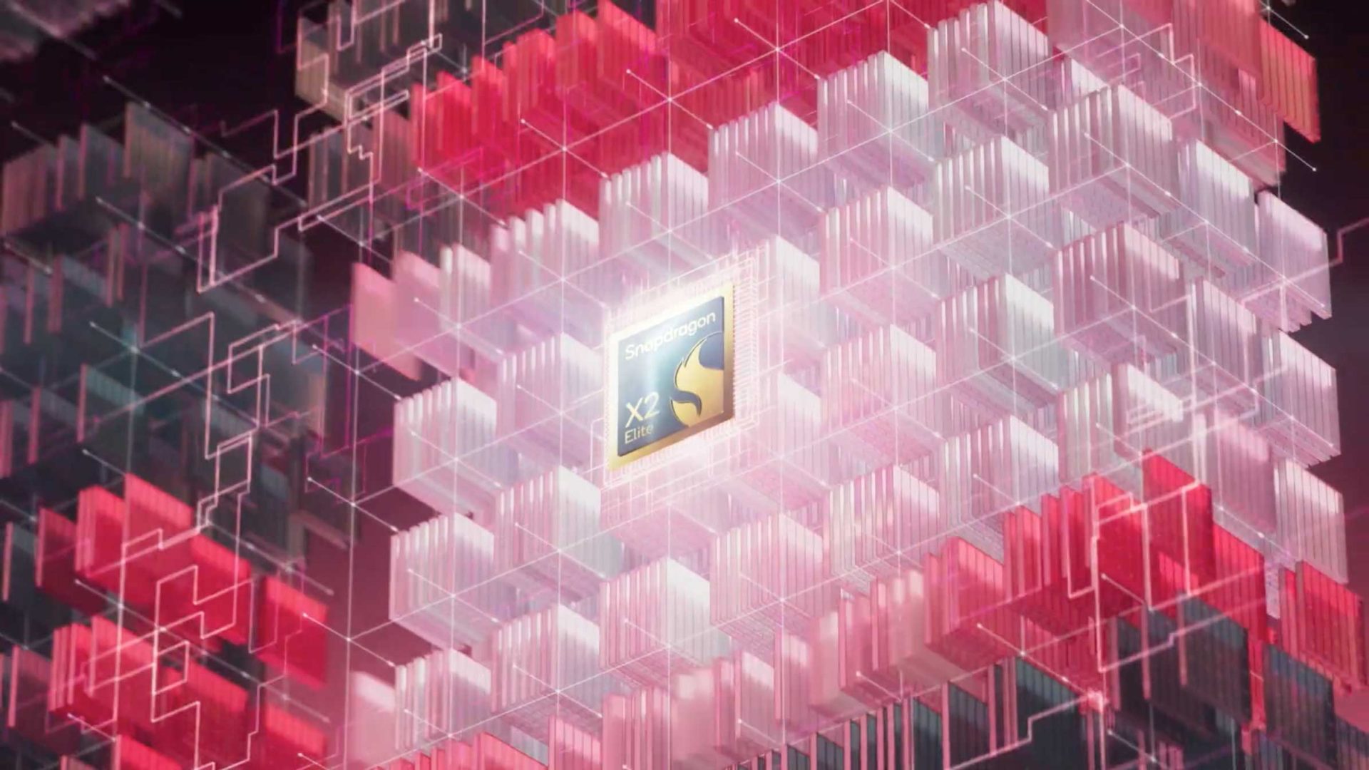 A glowing Qualcomm Snapdragon chip floats at the center of a 3D digital grid made of transparent and pink cubes, representing advanced technology and processing power—a scene inspired by the cutting-edge innovation Lenovo brings to every device. Frame from Stash Magazine article.