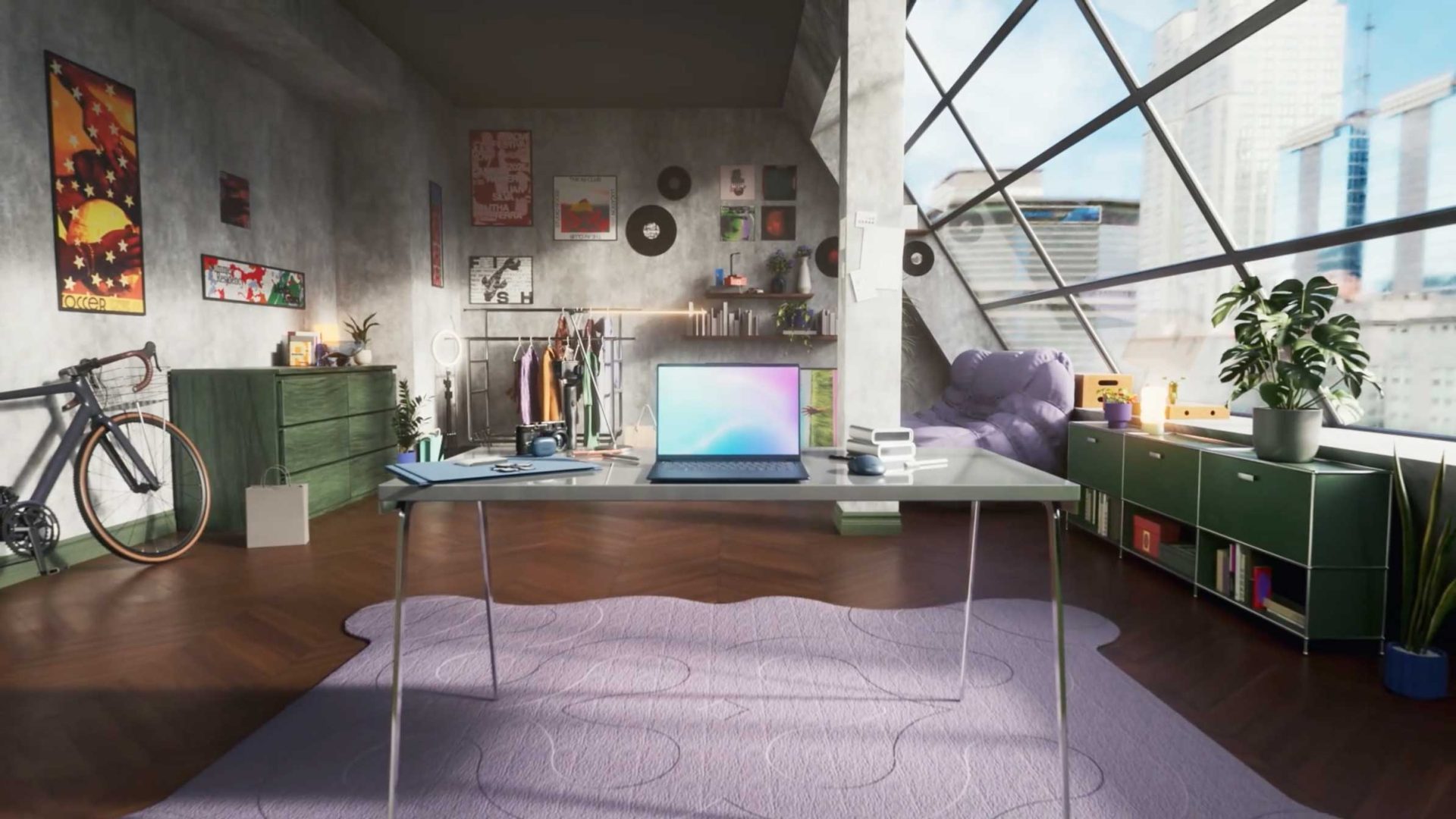A modern bedroom office with a Lenovo laptop on a desk, bicycle, clothes rack, dresser, and plants. Large angular windows reveal a cityscape, and sunlight fills the cozy, stylish room designed by Frame48. Frame from Stash Magazine article.