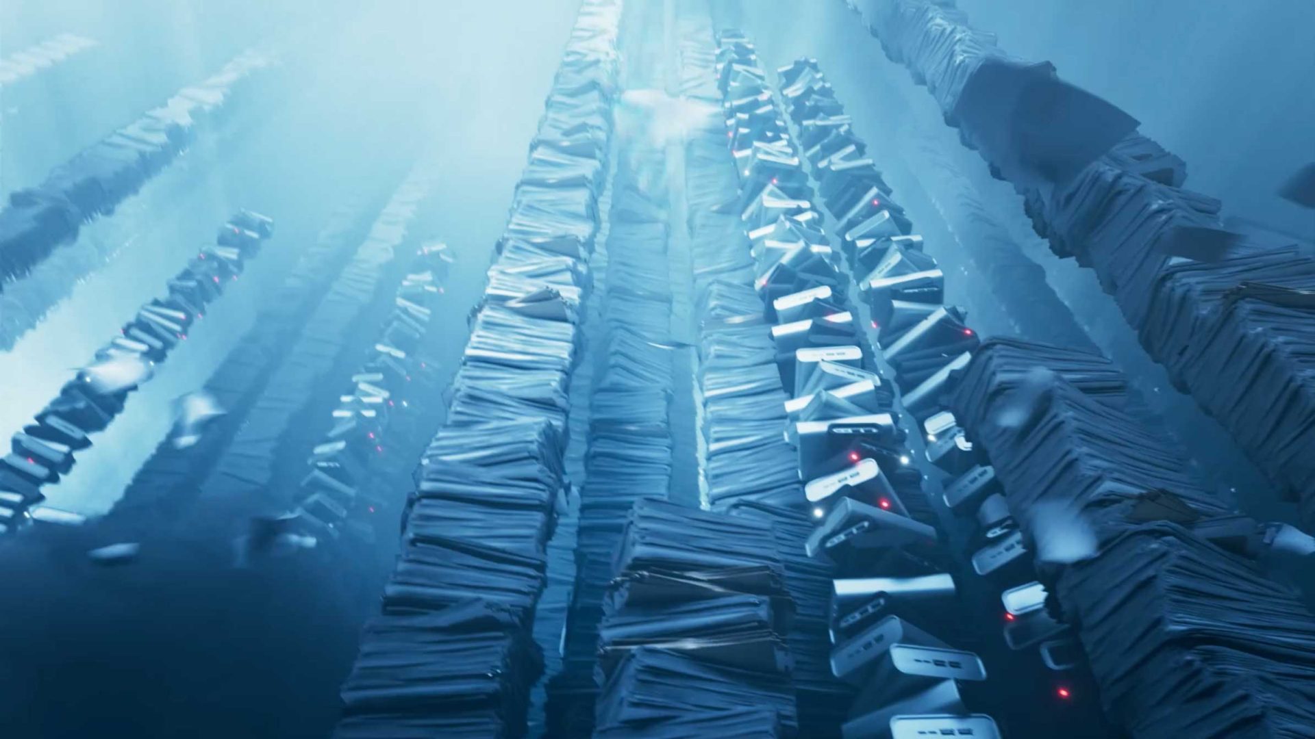 Stacks of papers and computer servers are lined up vertically, reaching upward into a blue-tinted, hazy light, creating a surreal, futuristic archive or data storage environment—reminiscent of the innovative visuals found in the Lenovo Yoga Slim 7x product film by Frame48. Frame from Stash Magazine article.