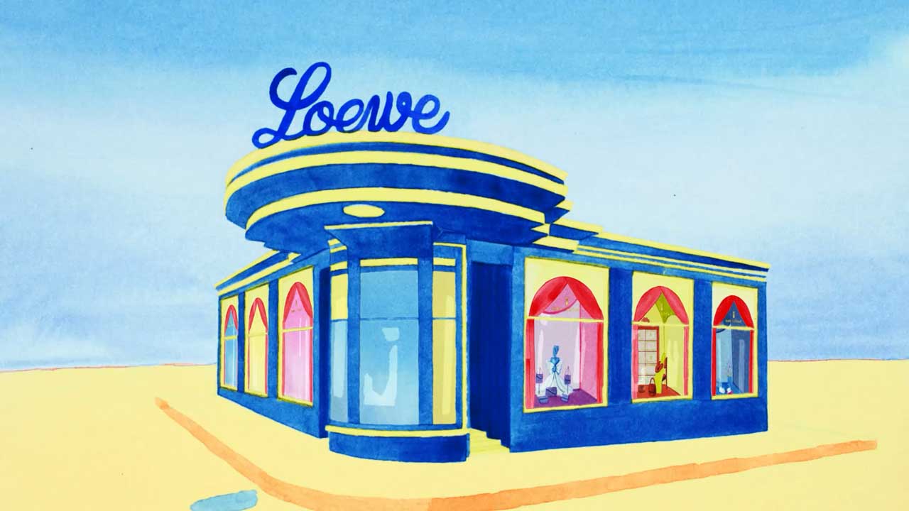 Colorful illustration of a blue, retro-style Loewe building with large windows displaying mannequins under red and pink awnings, set against a bright sky and sandy ground, in the whimsical style of Blinkink’s Isabel Garrett. Frame from Stash Magazine article.