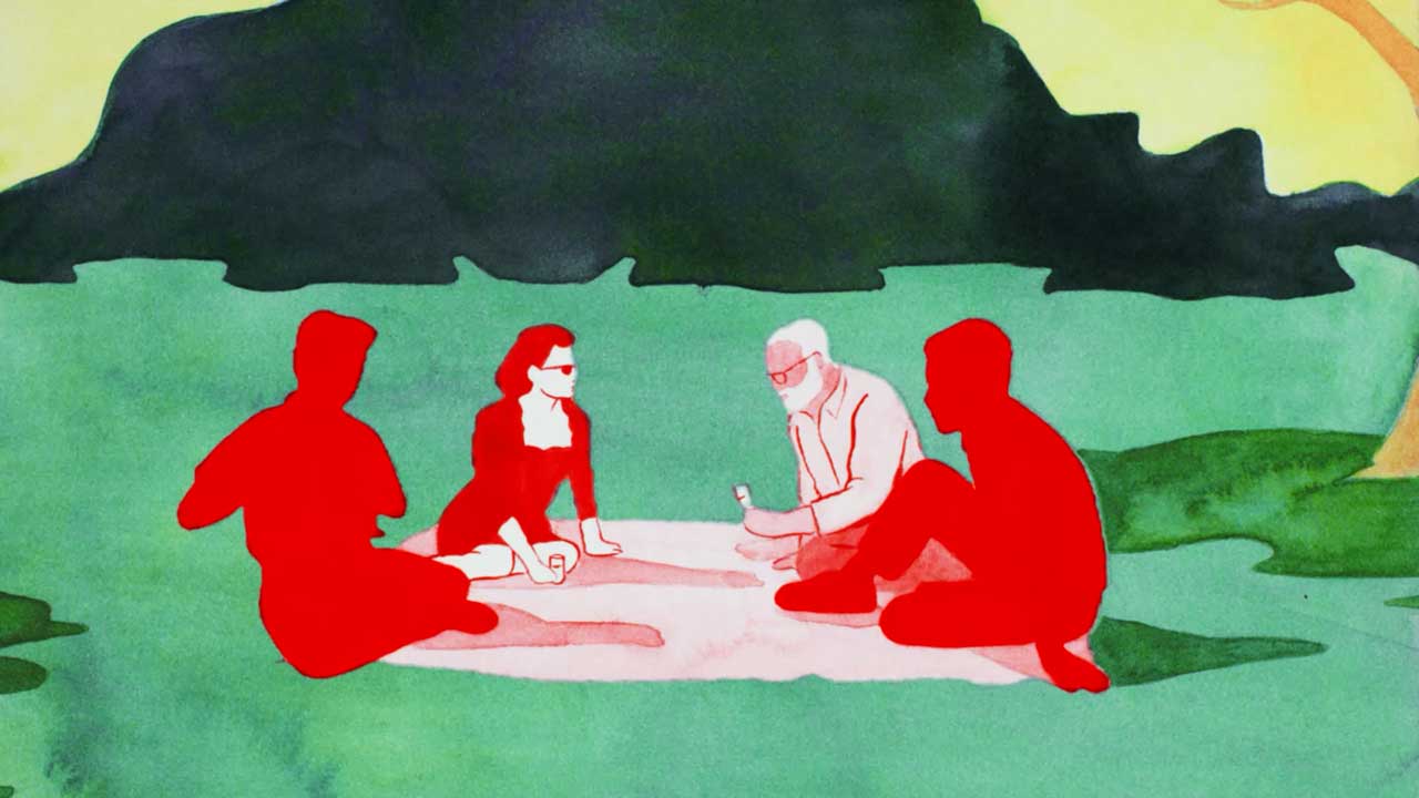 Four people sit in a circle on a blanket in a grassy park, with trees and a hill in the background. This bright, stylized illustration by Isabel Garrett for Loewe uses bold colors and simple shapes. Frame from Stash Magazine article.
