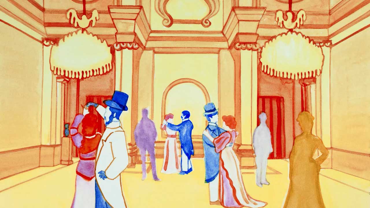Watercolor illustration of a grand ballroom with people in Victorian-style clothing, inspired by Loewe, some in blue and some in red, conversing under ornate chandeliers and tall arched ceilings. Frame from Stash Magazine article.