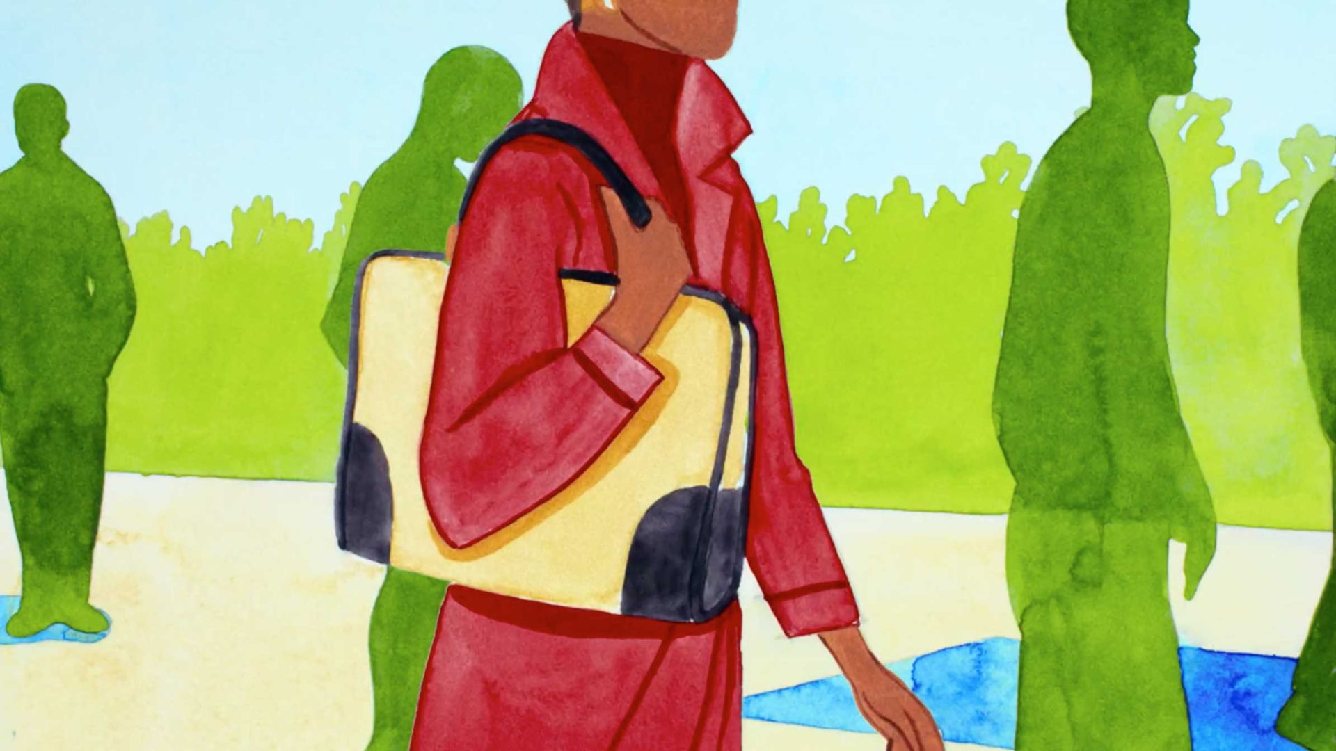 A person in a red outfit carries a beige and black shoulder bag while walking outdoors—an image reminiscent of the Loewe 180th anniversary brand film by Isabel Garrett & Blinkink, with green silhouettes of people and trees in the background. Frame from Stash Magazine article.