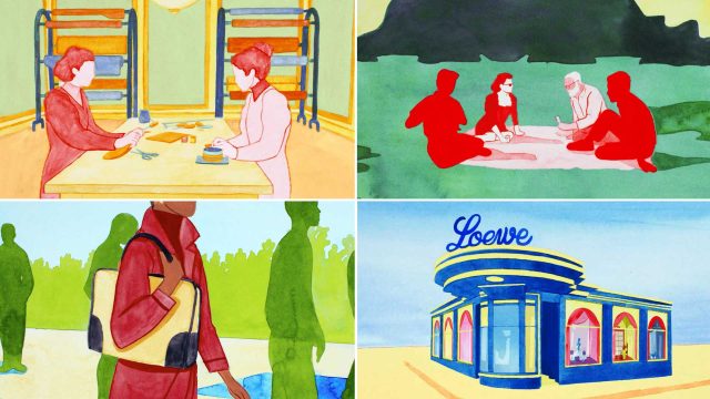 Four colorful illustrations: two people talking at a table, a picnic scene with three people, a person carrying a bag walking past blurred figures, and a blue and yellow Loewe building in the distinct style of Blinkink’s Isabel Garrett. Frame from Stash Magazine article.