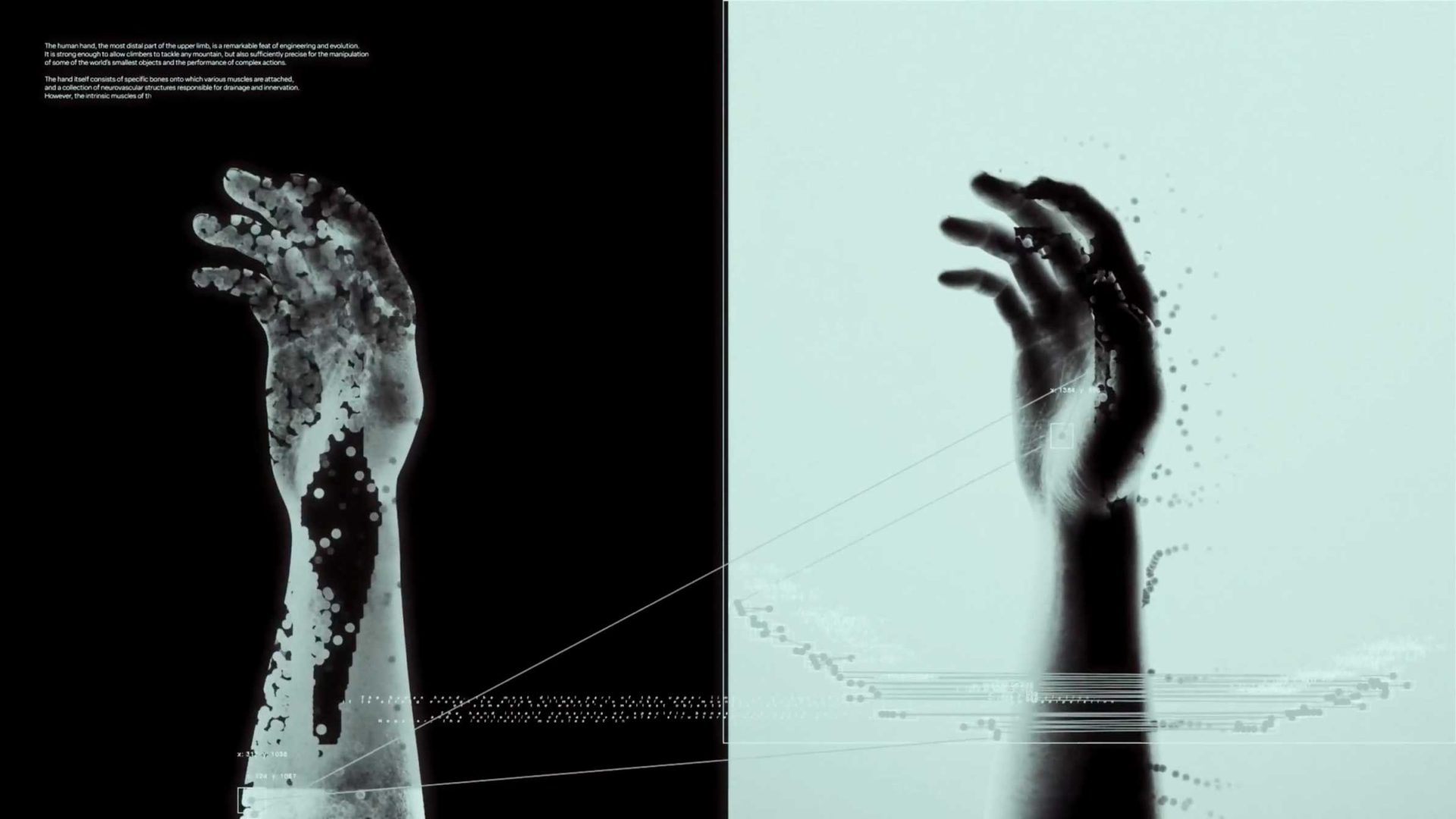Two outstretched hands—one set against a black background and the other on white—are overlaid with digital dots and lines, evoking a striking contrast between organic form and digital precision. The composition subtly echoes the seamless control of a Logitec MX Master 4 mouse, where innovation bridges human touch with advanced technology. Text appears in the top left corner. Frame from Stash Magazine article.