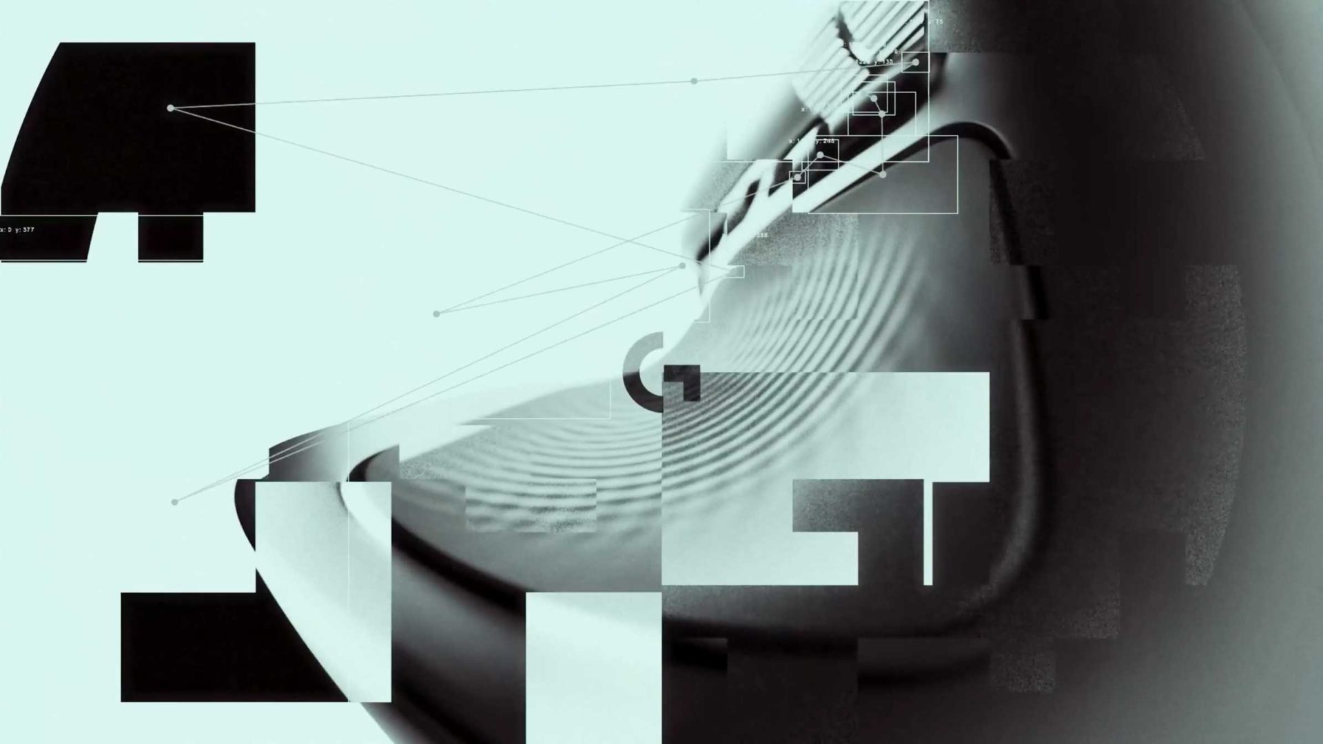 Abstract digital artwork with geometric shapes, lines, and rectangles layered over a grayscale, curved object that resembles a Logitec MX Master 4 mouse or electronic device, creating a modern, fragmented composition. Frame from Stash Magazine article.